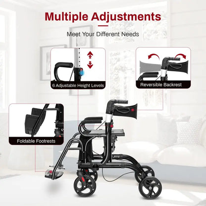 Dual-Function Folding Rollator Walker and Transport Wheelchair for Seniors