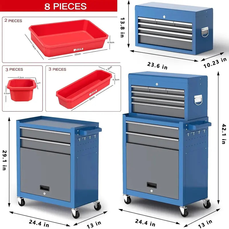 42-Inch 8-Drawer Rolling Tool Chest  Detachable Top Toolbox with Liners, Dividers, Hooks & Heavy-Duty Casters for Garage or Workshop