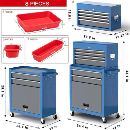 42-Inch 8-Drawer Rolling Tool Chest  Detachable Top Toolbox with Liners, Dividers, Hooks & Heavy-Duty Casters for Garage or Workshop