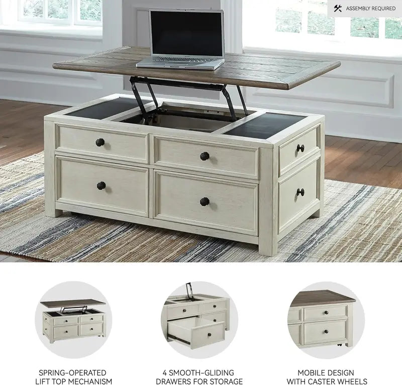 Ashley Bolanburg Lift-Top Coffee Table with Storage Drawers  Antique Cream and Brown Finish