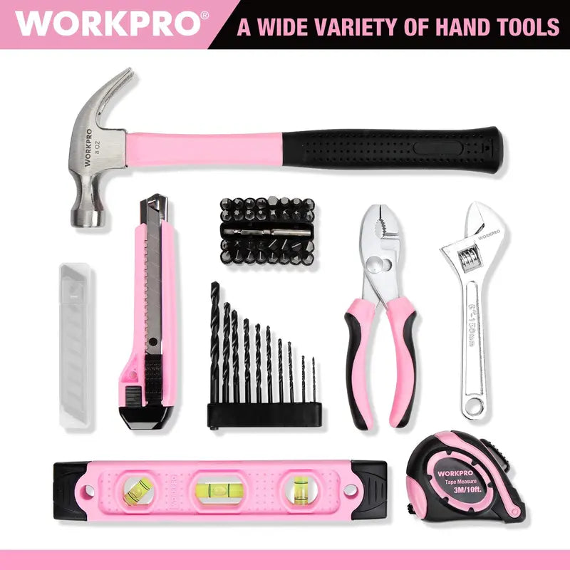 WORKPRO 12V Cordless Drill Kit with 14-Inch Pink Ribbon Tool Bag