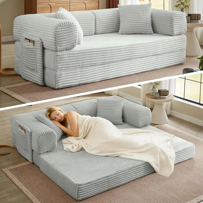 White Boneless Folding Sofa  81″ Corduroy Futon Couch Bed with Fixed-Shape Design for Small Spaces
