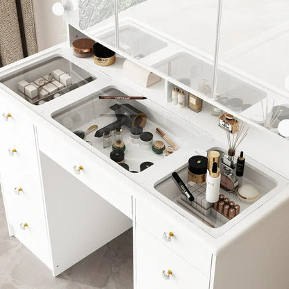 LED Makeup Vanity Dresser  Tri-Fold Mirror, Glass Top Surface, and Certified Bright Lighting