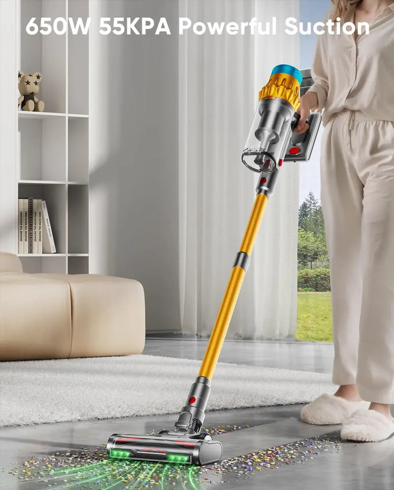 70-Min Cordless Stick Vacuum with Smart Display: 55KPa Suction, 1.8L Dust Cup, Anti-Tangle Brush & Self-Standing Base for Carpets & Hard Floors