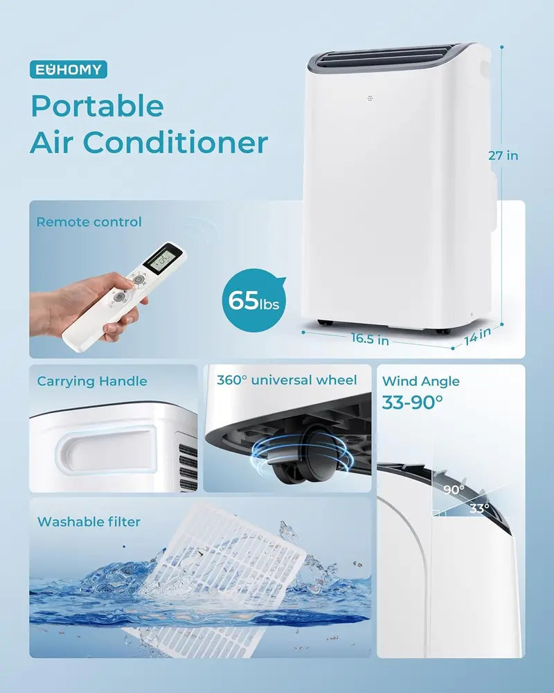 EUHOMY 8,000 BTU 4-in-1 Portable AC  Cools Up to 350 Sq. Ft., Includes Fan, Dehumidifier & Sleep Mode, Remote-Controlled