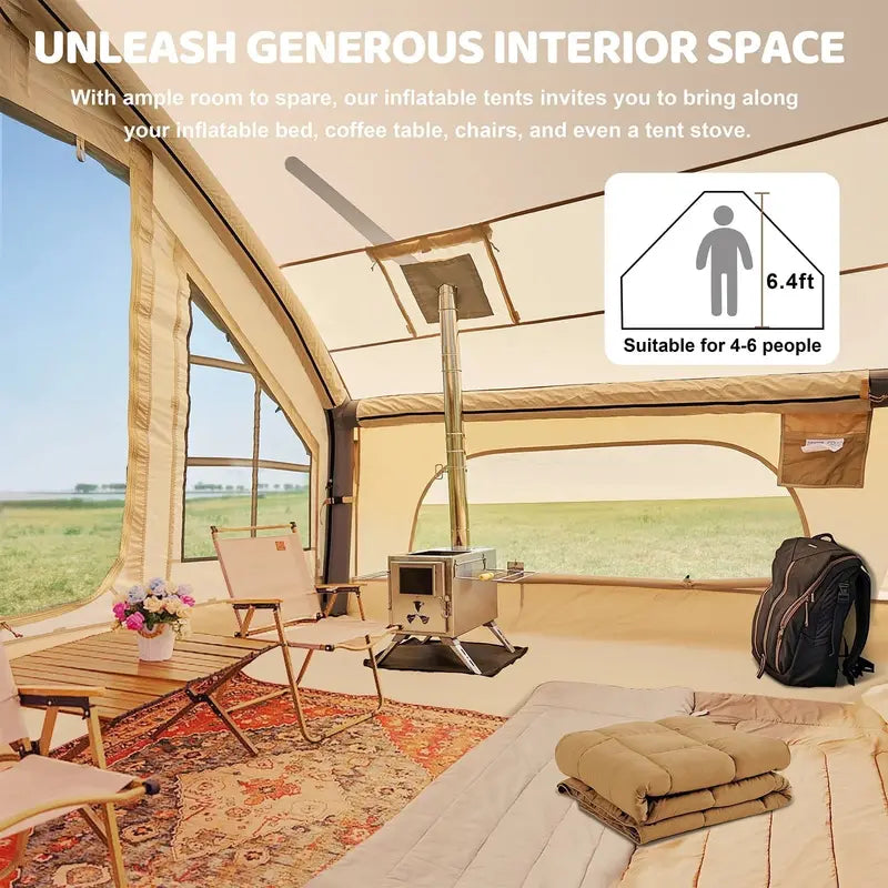 6-Person Inflatable Camping Tent  10′ x 7′ Glamping Dome with Built-in Pump, Waterproof & Windproof Oxford Fabric, Mesh Windows/Doors