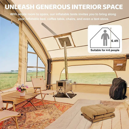 6-Person Inflatable Camping Tent  10′ x 7′ Glamping Dome with Built-in Pump, Waterproof & Windproof Oxford Fabric, Mesh Windows/Doors