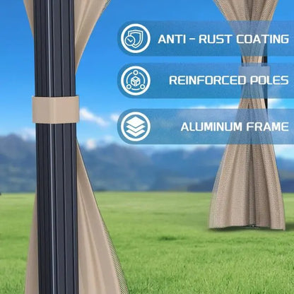 10′ x 10′ All-Weather Hardtop Gazebo  Dual Metal Roof, Aluminum Structure, Netting & Curtains, Khaki Patio Shelter