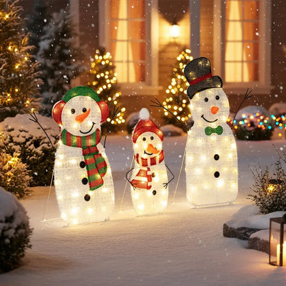 Lighted Snowman Family Set  Flat-Style Pre-Illuminated Christmas Decor with Classic Winter Charm