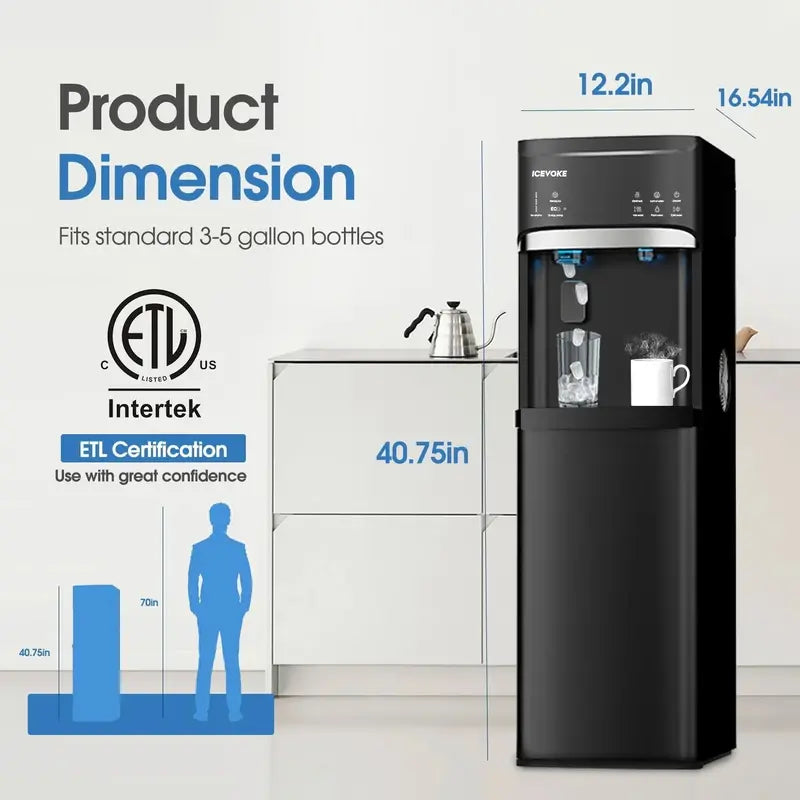 Bottom-Load Self-Cleaning Water Dispenser  Built-In Ice Maker, Black Finish