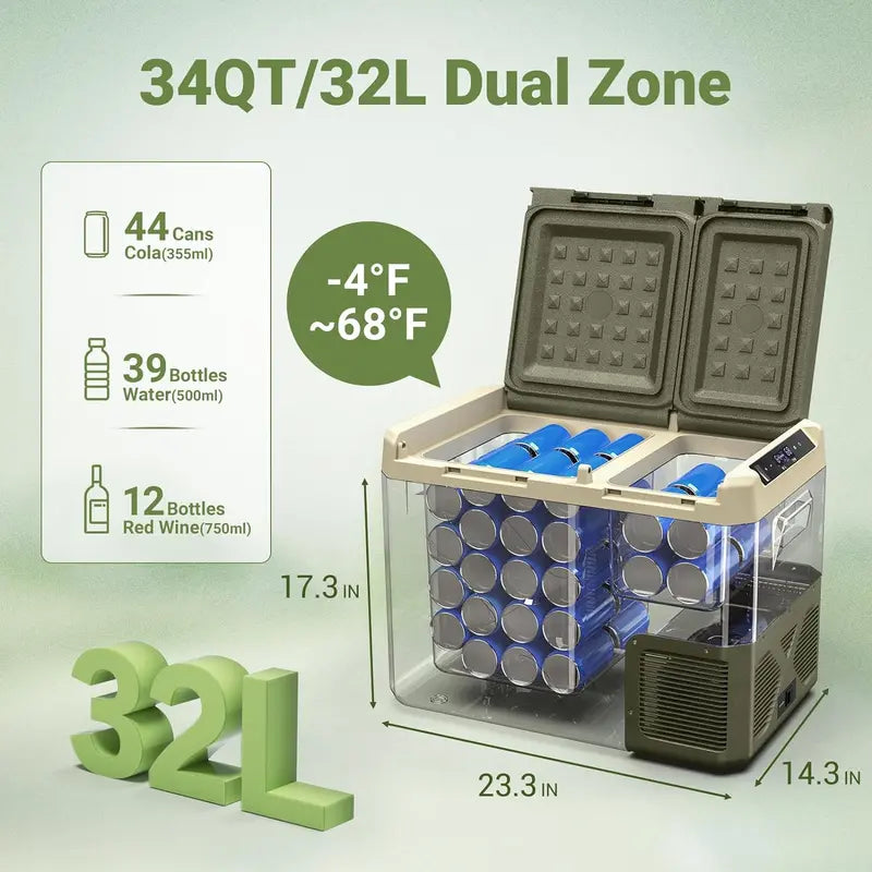 BODEGACOOLER Dual-Zone Car Refrigerator  12V/24V Portable Fridge for Camping, Travel, RVs, and Home Use