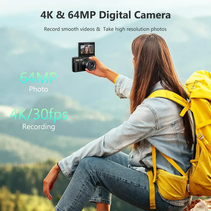 4K Vlogging Camera  64MP Digital Point-and-Shoot with 180° Flip Screen, 18x Zoom & 32GB SD Card
