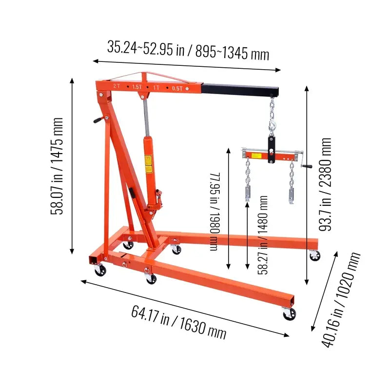2-Ton Folding Hydraulic Engine Hoist  4400 LB Capacity, Cherry Picker Crane with Leveling Feature
