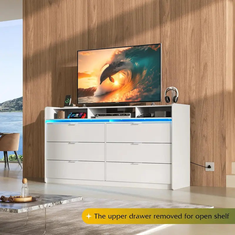 9-Drawer LED TV Dresser  58.35-Inch Wood Dresser with Power Outlets, Open Shelving & Bedroom Storage