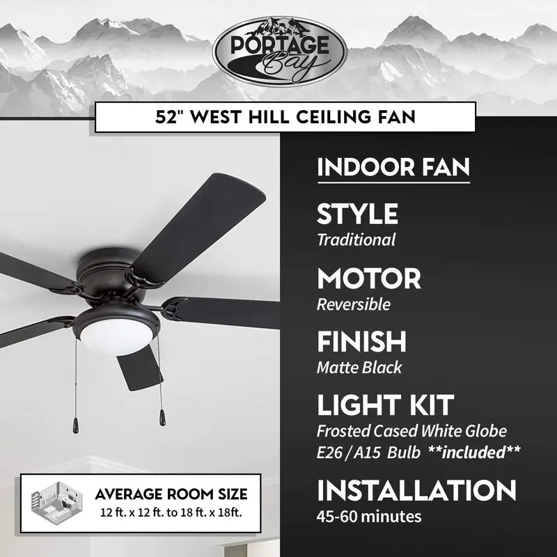 Portage Bay Hugger 52  Matte Black West Hill Ceiling Fan with Bowl Light Kit