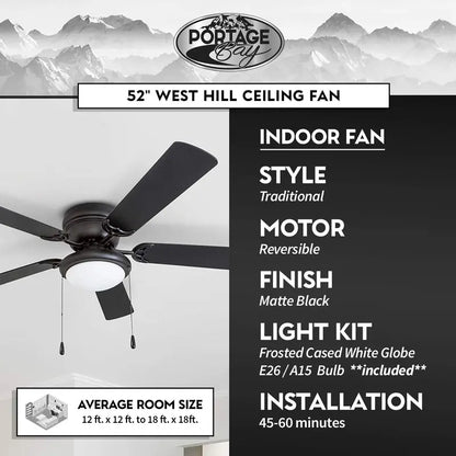 Portage Bay Hugger 52  Matte Black West Hill Ceiling Fan with Bowl Light Kit
