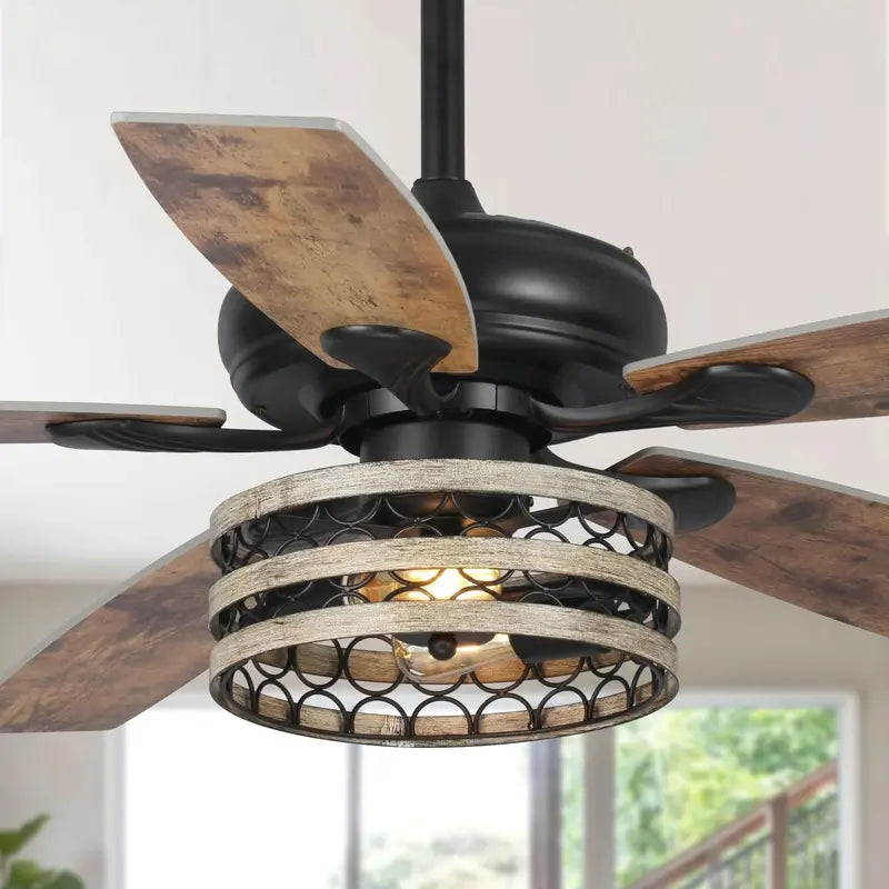 52-Inch Farmhouse Ceiling Fan with Driftwood Blades, Black Cage Design, and Remote Control