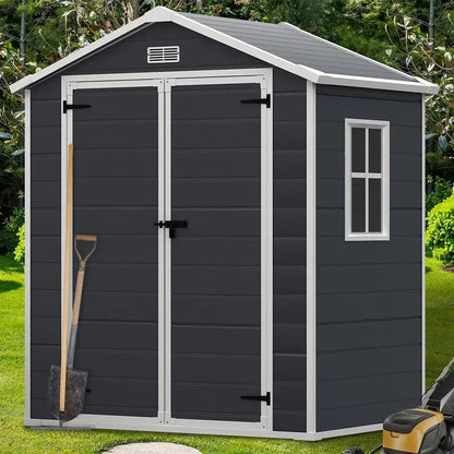 All-Weather Resin Storage Shed  Spire-Style Outdoor Tool Shed (6’x4′, 6’x8′, 8’x6′, or 8’x10′) with Floor Included