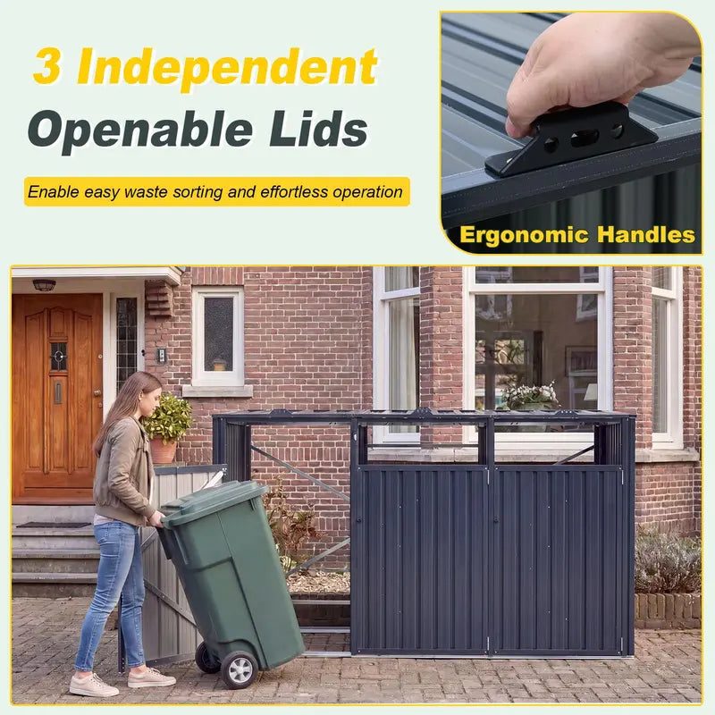7.8 ft x 2.6 ft Triple-Bin Outdoor Trash Enclosure  Flip-Lid Metal Garbage Shed
