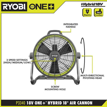 RYOBI ONE+ 18V Hybrid 18 in. Air Cannon Drum Fan P3340