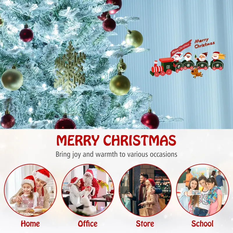 6-8 ft Snow-Flocked Pre-Lit Christmas Tree  Hinged Artificial Xmas Tree with 6611447 PVC/PE Tips