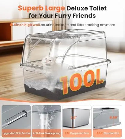 XXL Stainless Steel Cat Litter Box with Dual Entrance, Covered & High Walls, Includes Litter Scoop