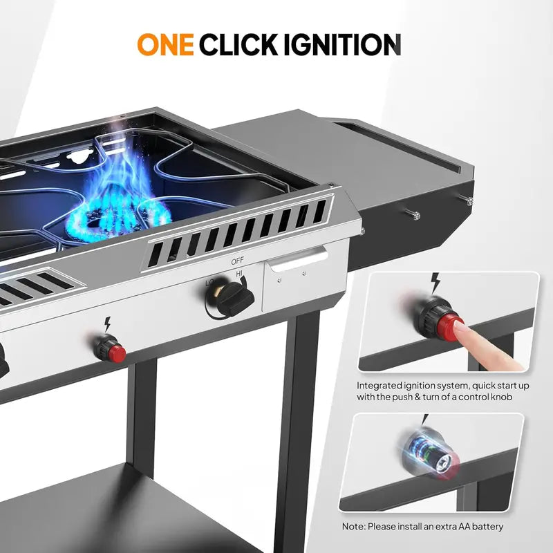 150,000 BTU Outdoor Propane Stove  2-Burner with Griddle, Auto-Ignition, Side Shelves & Regulator for Camping, Brewing & Grilling