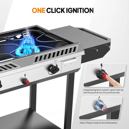 150,000 BTU Outdoor Propane Stove  2-Burner with Griddle, Auto-Ignition, Side Shelves & Regulator for Camping, Brewing & Grilling