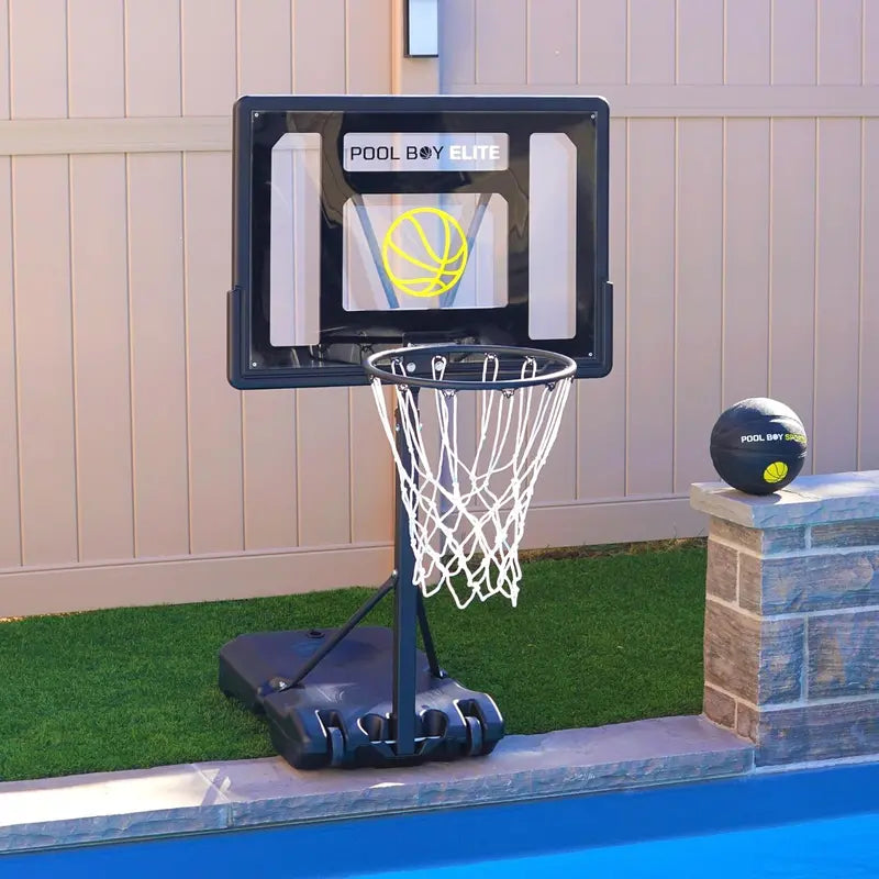 All-in-One Adjustable Poolside Basketball Hoop  Includes Composite Ball, Air Pump, Mounting Hardware & Tools (Matte Black)