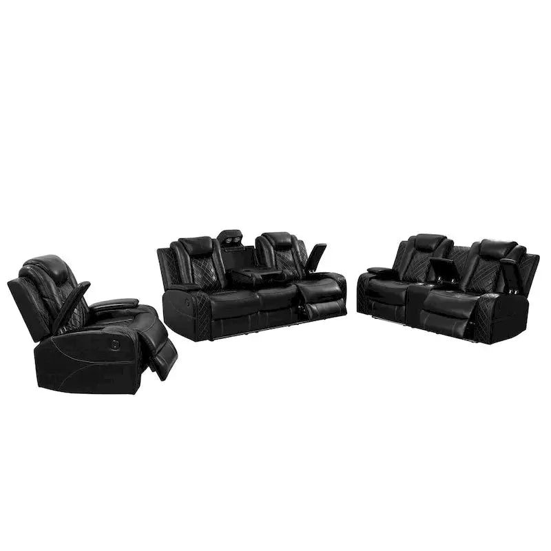 Modern 3-Piece Leather Recliner Set — Includes LED Lighting & Wireless Charging Ports