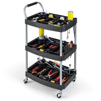 Mobile 3-Tier Tool Cart with Locking Casters and Organized Storage Compartments