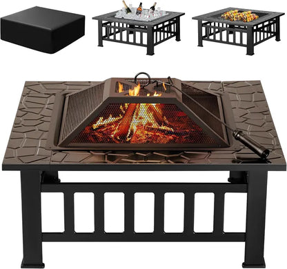 Devoko 32-Inch Outdoor Fire Pit Table  Weather-Resistant Metal Fireplace with Waterproof Cover for Patios
