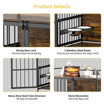 ROOMTEC Large Dog Crate Furniture with Adjustable Bowls, Steel Frame, Anti-Chew Design, 48″x30.3″x43″