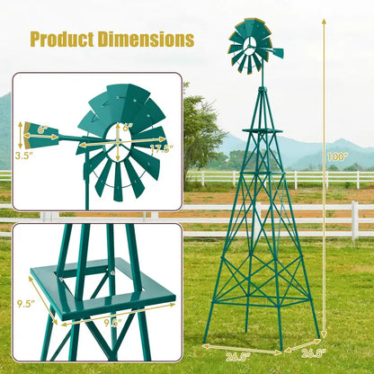 8-Foot All-Weather Ornamental Metal Windmill with Four-Point Base and Weathervane Feature