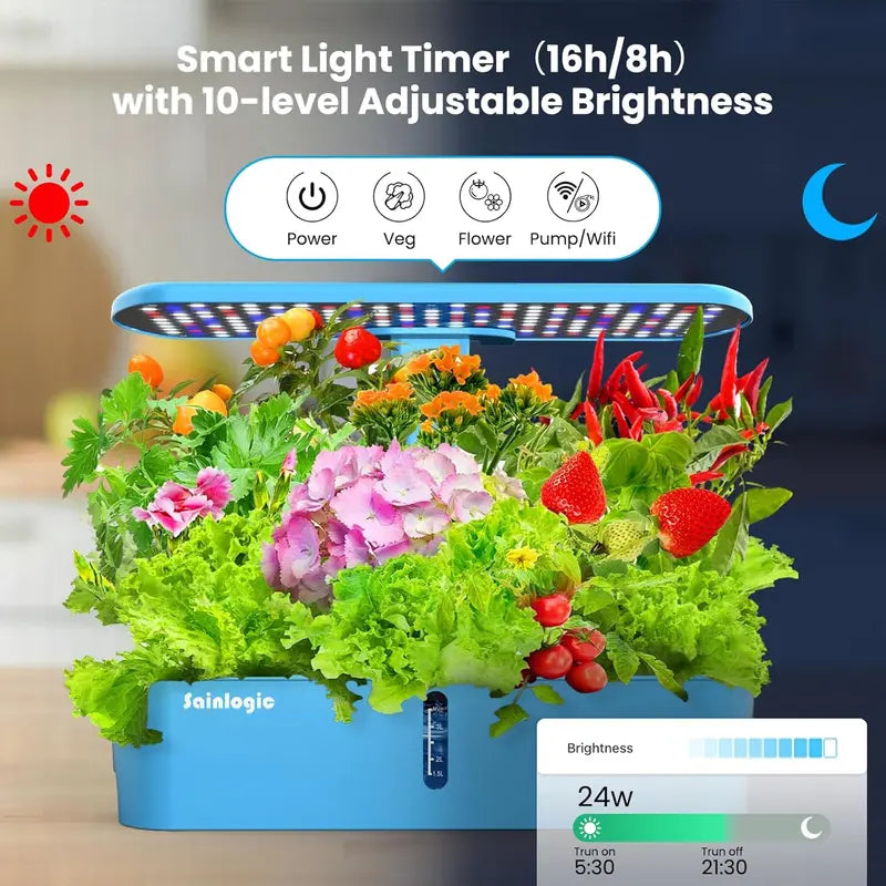 Sainlogic Smart Hydroponic Garden Kit | 12-Pod WiFi-Enabled Indoor Growing System with APP Control, 24W Full-Spectrum LED, Quiet Pump & Multi-Plant Compatibility