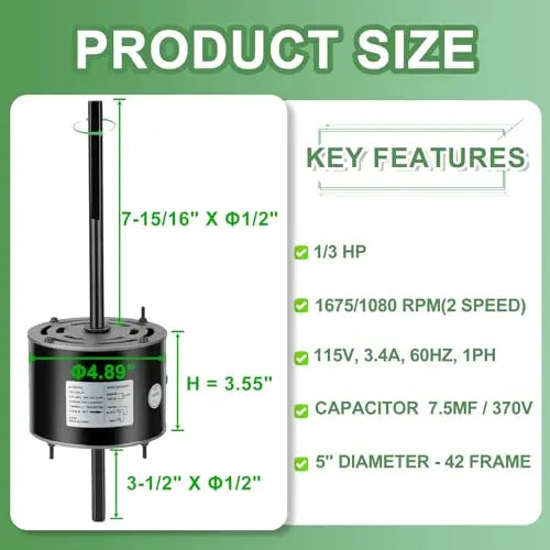 1/3 HP RV Air Conditioner Motor & Capacitor  Direct Replacement for Coleman Mach, Fasco D1092  5-Year Warranty