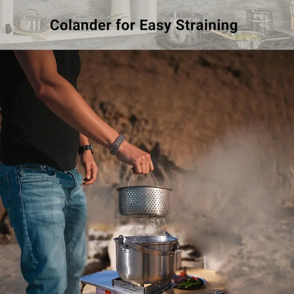 5-Piece Stainless Steel Camp Kitchen Set with Colander & Travel Bag