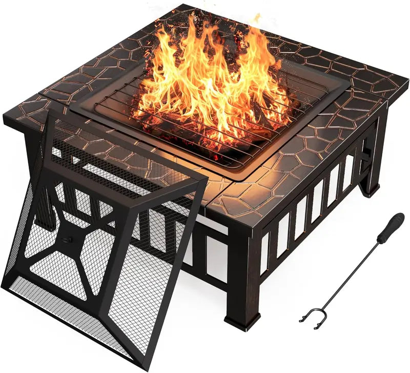 Devoko 32-Inch Outdoor Fire Pit Table  Weather-Resistant Metal Fireplace with Waterproof Cover for Patios