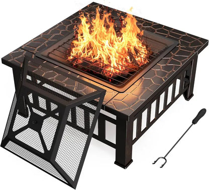 Devoko 32-Inch Outdoor Fire Pit Table  Weather-Resistant Metal Fireplace with Waterproof Cover for Patios