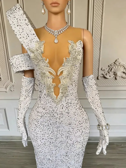 White Sequined Mermaid Formal Gown Featuring Deep V-Neck and Asymmetrical Shoulder Design