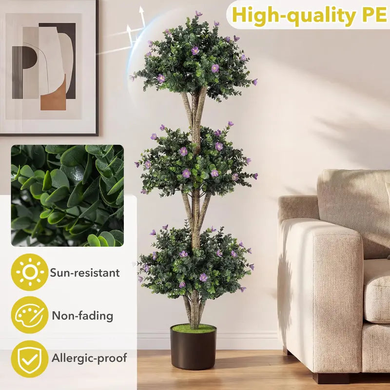 51-Inch Artificial Triple-Ball Boxwood Topiary Tree with 59 Blossoms and Weighted Plastic Pot