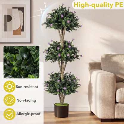 51-Inch Artificial Triple-Ball Boxwood Topiary Tree with 59 Blossoms and Weighted Plastic Pot