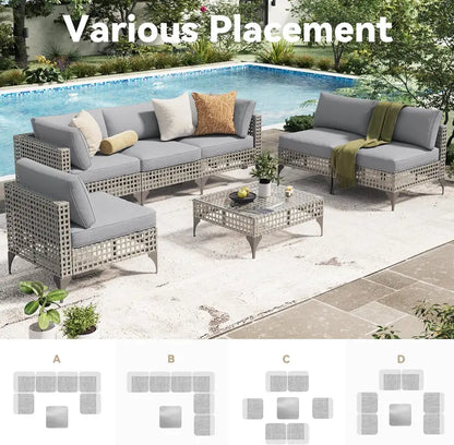 7-Piece PE Rattan Patio Furniture Set  Navy Cushioned Sectional Sofa, Tea Table & Black Wicker Frame for Backyard Use