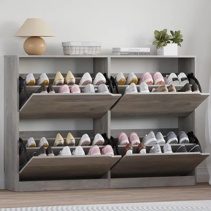 Discreet Freestanding Wood Shoe Cabinet with Three Concealed Flip Drawers