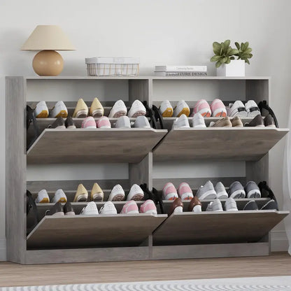 Discreet Freestanding Wood Shoe Cabinet with Three Concealed Flip Drawers