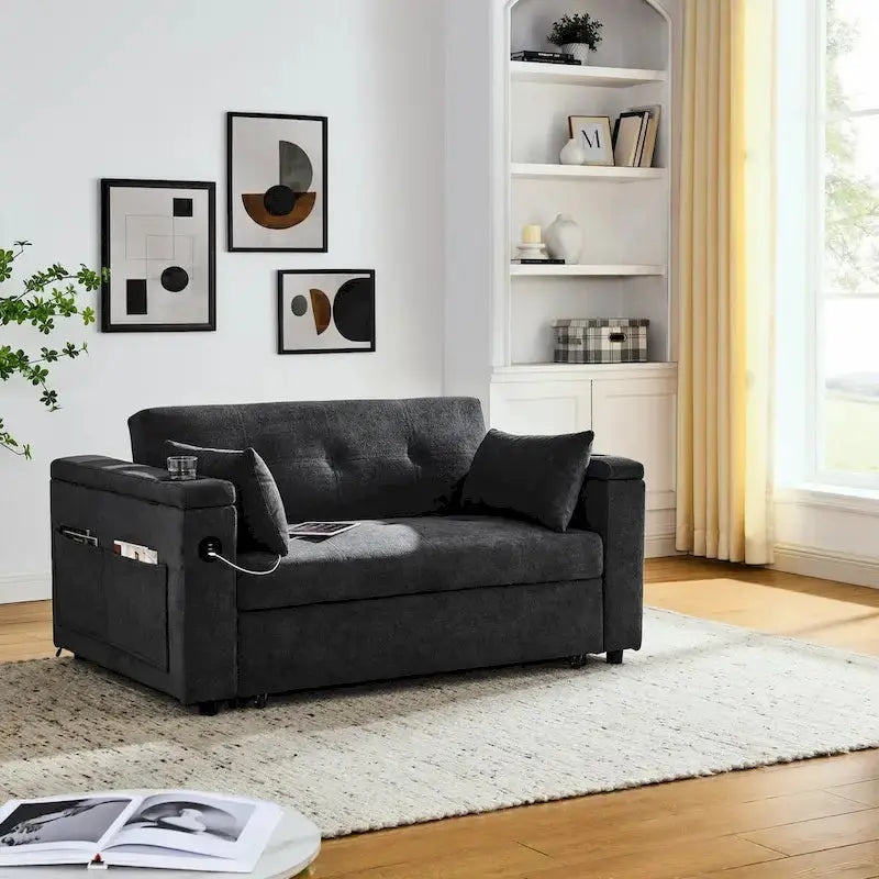 54-Inch Pull-Out Sleeper Sofa Bed  2-Seat Recliner with Storage, Lumbar Support & USB Port