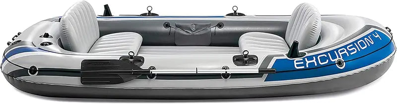 Excursion Inflatable Fishing Boat  SuperTough PVC, Adjustable Backrest Seats, Rod Holders, Welded Oar Locks, Includes High-Output Pump & Oars