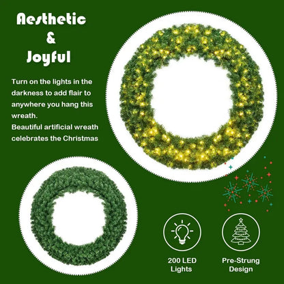 48-Inch Cordless Pre-Lit Artificial Christmas Wreath for Indoor or Outdoor Use