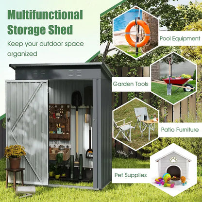 5′ x 3′ Compact Metal Storage Shed — Sloped-Roof Tool House with Ventilation & Lockable Door