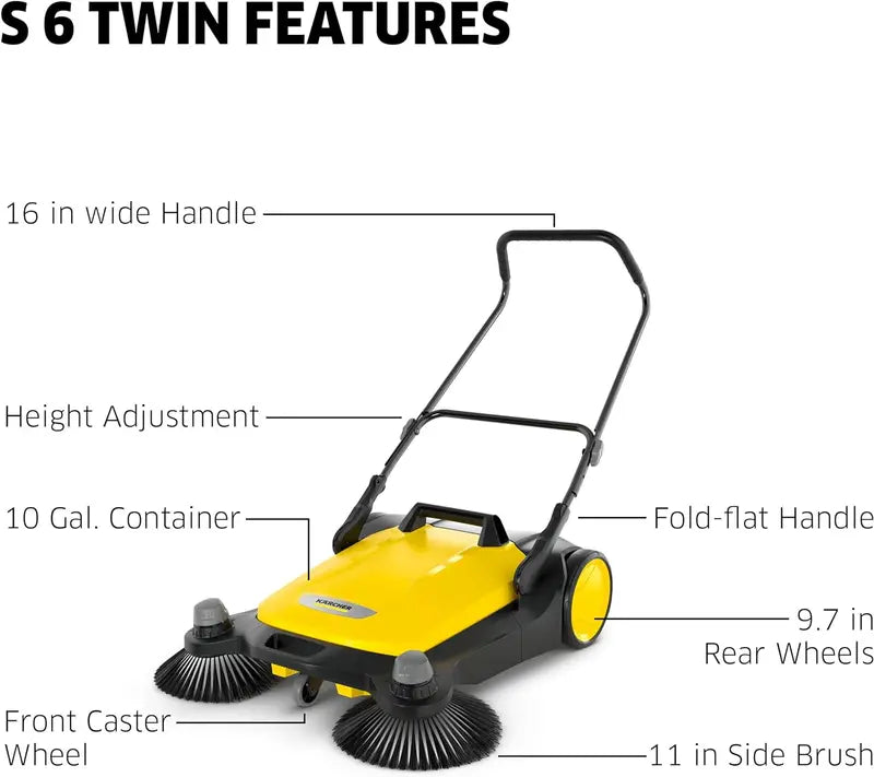 Karcher S 6 Twin Outdoor Push Sweeper, 10 Gallon, 33.9″ Width, Quiet 42dB, Lightweight & Portable